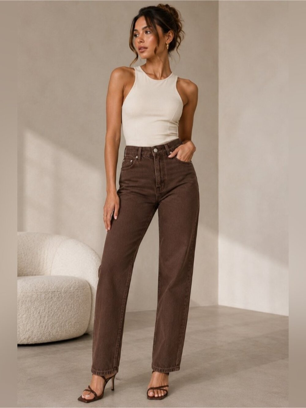 MESHKI Pia Split Side Wide Leg Jeans Chocolate Brown Size 11